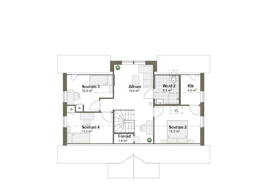 Planlösning Villa Årnäs T övreplan spegelvänt